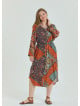 Shirt Collar Belt Detailed Coffee Patterned Casual Plus Size Dress 4614